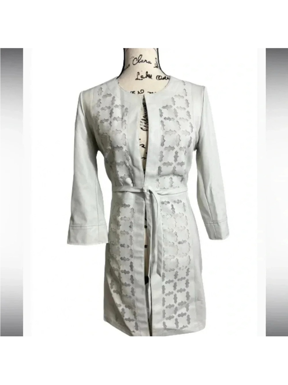 Lena Gabrielle Chic Faux Leather Embroidered Belted  lightweight Coat Gray